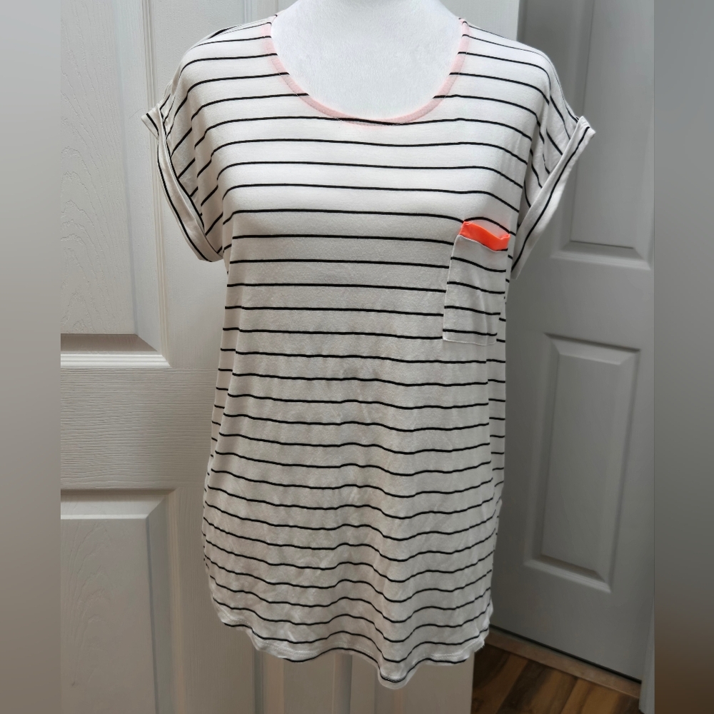Papermoon Striped White and Black Top with Neon Orange Accents Size L